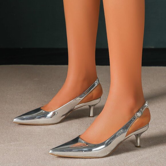 Amoji Women Silver-pu Polyurethane Low Kitten Heel Slingback Pointed Toe Sandals - Picture 7 of 9